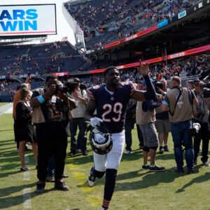 Chicago Bears cornerback Tyrique Stevenson (29) celebrates a win against the Tennessee Titans at Soldier Field.