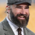 ESPN Network Monday Night Football host Jason Kelce performs the pre-game broadcast before the Pittsburgh Steelers host the New York Giants at Acrisure Stadium.