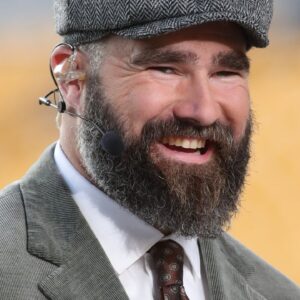 ESPN Network Monday Night Football host Jason Kelce performs the pre-game broadcast before the Pittsburgh Steelers host the New York Giants at Acrisure Stadium.
