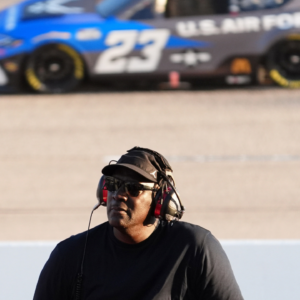 NASCAR Cup Series Team 23XI owner Michael Jordan watches a video board as NASCAR Cup Series driver Bubba Wallace (23) races during the Cook Out Southern 500 at Darlington Raceway.