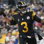 Pittsburgh Steelers quarterback Russell Wilson (3) throws a pass against the New York Giants during the first quarter at Acrisure Stadium.