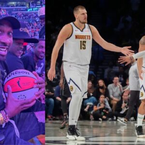 Gilbert Arenas (L) and Nikola Jokic and Denver players (R)