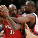 Shaquille O Neal (Miami Heat, li.) gegen Jerome James (New York Knicks)