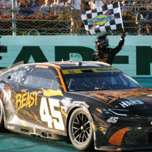 NASCAR Cup Series driver Tyler Reddick (45) celebrates after winning the Straight Talk Wireless 400 at Homestead-Miami Speedway.
