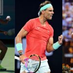 Giovanni Perricard (L), Rafael Nadal (C) and Jim Courier (R)