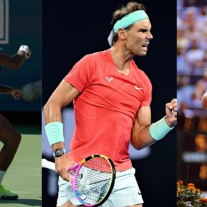 Giovanni Perricard (L), Rafael Nadal (C) and Jim Courier (R)