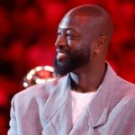 Oct 28, 2024; Miami, Florida, USA; Former Miami Heat guard Dwyane Wade is honored at halftime during the game against the Detroit Pistons at Kaseya Center. Mandatory Credit: Rhona Wise-Imagn Images