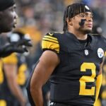 Pittsburgh Steelers quarterback Justin Fields (2) watches the action during the first quarter of a game against the New York Giants at Acrisure Stadium.