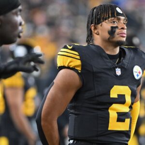 Pittsburgh Steelers quarterback Justin Fields (2) watches the action during the first quarter of a game against the New York Giants at Acrisure Stadium.