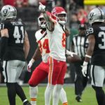 Kansas City Chiefs wide receiver DeAndre Hopkins (8) gestures after a first down against the Las Vegas Raiders in the first half at Allegiant Stadium.
