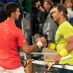 Rafael Nadal (ESP) at the net with Novak Djokovic (SRB) after their match on day 10 of the French Open at Stade Roland-Garros.
