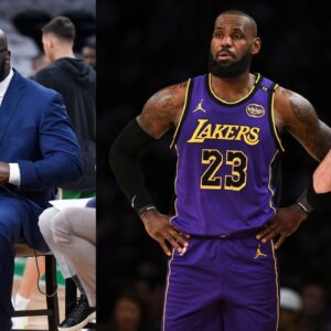 Shaquille O'Neal (L) and JJ Redick in conversation with LeBron James (R)