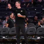 Los Angeles Lakers head coach JJ Redick directs his team during action against the Golden State Warriors in the third quarter at the Chase Center.