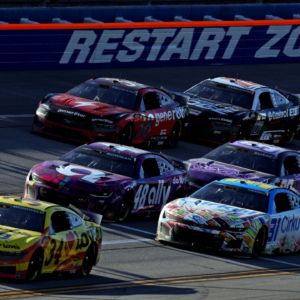 NASCAR Cup Series driver Michael McDowell (34) leads the field during the GEICO 500 at Talladega Superspeedway. Mandatory Credit: Peter Casey-Imagn Images