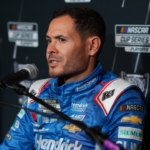 Kyle Larson speaks to media members during the NASCAR Playoffs Media Day at the Charlotte Convention Center.
