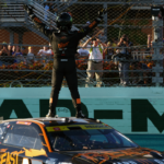 NASCAR Cup Series driver Tyler Reddick (45) celebrates after winning the Straight Talk Wireless 400 at Homestead-Miami Speedway.