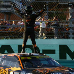 NASCAR Cup Series driver Tyler Reddick (45) celebrates after winning the Straight Talk Wireless 400 at Homestead-Miami Speedway.