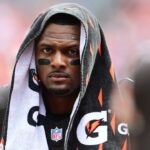 Cleveland Browns quarterback Deshaun Watson (4) walks off the field before the game between the Browns and the New York Giants at Huntington Bank Field.
