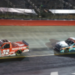 NASCAR Gander RV and Outdoors Truck Series driver Bret Holmes (32) and driver Kyle Busch (7) during the NASCAR Weather Guard truck race at Bristol Motor Speedway.