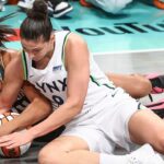 New York Liberty forward Betnijah Laney-Hamilton (44) and Minnesota Lynx forward Cecilia Zandalasini (9) fight for a loose ball