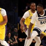 Anthony Davis (L) LeBron James and Bronny James on the court together (R)