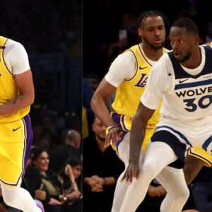 Anthony Davis (L) LeBron James and Bronny James on the court together (R)