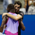 Taylor Fritz (USA)(R) hugs Frances Tiafoe (USA)(L) after their men's singles semifinal of the 2024 U.S. Open tennis tournament