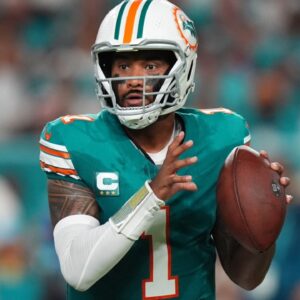 Sep 12, 2024; Miami Gardens, Florida, USA; Miami Dolphins quarterback Tua Tagovailoa (1) drops back with the ball against the Buffalo Bills during the first half at Hard Rock Stadium.