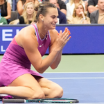 Aryna Sabalenka reacts after beating Jessica Pegula (USA) in the women's singles final on day thirteen of the 2024 U.S. Open tennis tournament