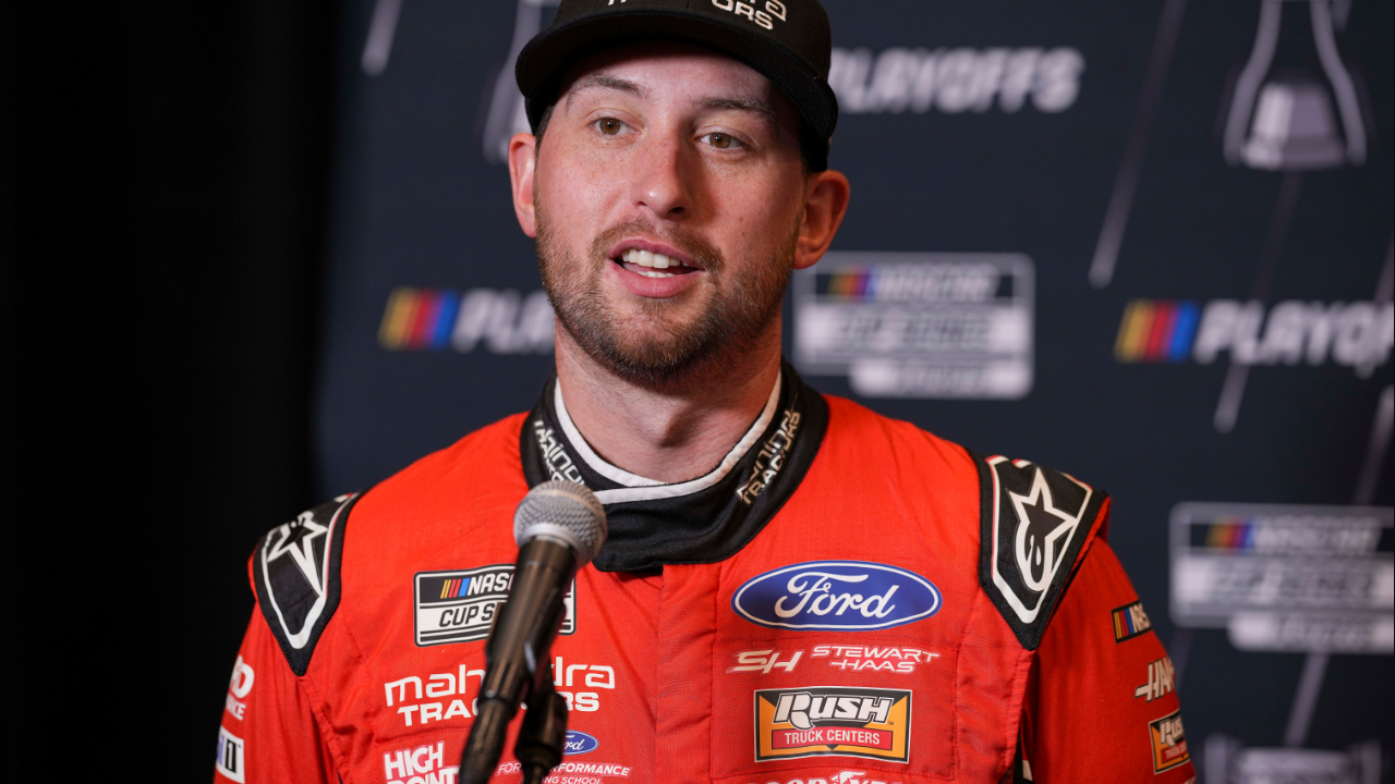 Chase Briscoe speaks to media members during the NASCAR Playoffs Media Day at the Charlotte Convention Center.