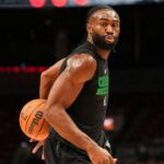Boston Celtics guard Jaylen Brown (7) warms up before playing the Toronto Raptors at Scotiabank Arena.