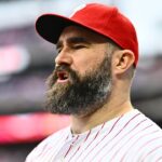 Former Philadelphia Eagle Jason Kelce reacts before the game between the Philadelphia Phillies and Atlanta Braves at Citizens Bank Park.