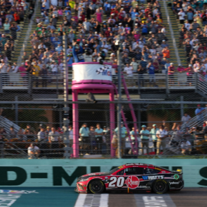 NASCAR Cup Series driver Christopher Bell (20) crosses the start/finish line to win the 4EVER 400 presented by Mobil 1 at Homestead-Miami Speedway.