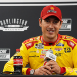 NASCAR Cup Series driver Joey Logano speaks with the media prior to practice for the Cook Out Southern 500 at Darlington Raceway.