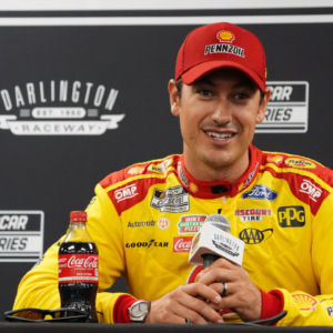 NASCAR Cup Series driver Joey Logano speaks with the media prior to practice for the Cook Out Southern 500 at Darlington Raceway.