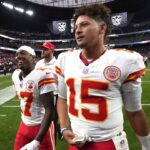 Kansas City Chiefs wide receiver Mecole Hardman (17) and quarterback Patrick Mahomes (15) leave the field after the game against the Las Vegas Raiders at Allegiant Stadium