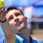 Ugo Humbert (FRA) serves against Arthur Fils (FRA) in first round play at IGA Stadium.
