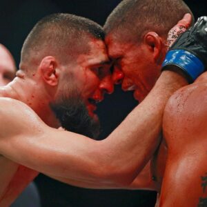 Khamzat Chimaev, left, congratulates Gilbert Burns on a valiant effort Saturday, April 9, 2022 during UFC 273 at VyStar Veterans Memorial Arena in Jacksonville. Chimaev won the welterweight bout by unanimous decision.