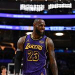 Los Angeles Lakers forward LeBron James (23) reacts against the Phoenix Suns during the second half at Crypto.com Arena.