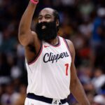 Los Angeles Clippers guard James Harden (1) gestures in the second quarter against the Denver Nuggets at Ball Arena.
