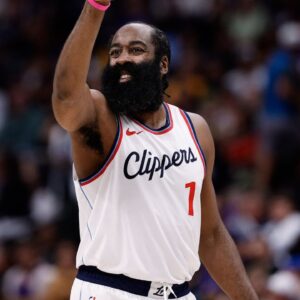 Los Angeles Clippers guard James Harden (1) gestures in the second quarter against the Denver Nuggets at Ball Arena.
