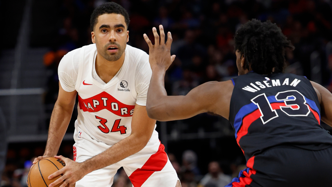 Toronto Raptors center Jontay Porter (34) is defended by Detroit Pistons center James Wiseman (13) in the second half at Little Caesars Arena.