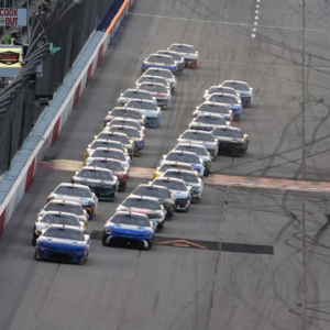 NASCAR Cup Series driver Kyle Larson (5) and NASCAR Cup Series driver Bubba Wallace (23) lead the field to restart the Cook Out Southern 500 at Darlington Raceway.