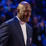 February 20, 2022; Cleveland, Ohio, USA; NBA great Michael Jordan is honored for being selected to the NBA 75th Anniversary Team during halftime in the 2022 NBA All-Star Game at Rocket Mortgage FieldHouse. Mandatory Credit: Kyle Terada-Imagn Images