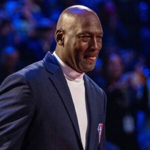 February 20, 2022; Cleveland, Ohio, USA; NBA great Michael Jordan is honored for being selected to the NBA 75th Anniversary Team during halftime in the 2022 NBA All-Star Game at Rocket Mortgage FieldHouse. Mandatory Credit: Kyle Terada-Imagn Images
