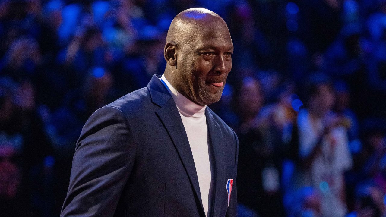 February 20, 2022; Cleveland, Ohio, USA; NBA great Michael Jordan is honored for being selected to the NBA 75th Anniversary Team during halftime in the 2022 NBA All-Star Game at Rocket Mortgage FieldHouse. Mandatory Credit: Kyle Terada-Imagn Images