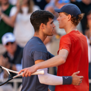 Carlos Alcaraz of Spain and Jannik Sinner of Italy of Italy after their match on day 13 of Roland Garros at Stade Roland Garros.