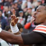 Cleveland Browns quarterback Jameis Winston (5) celebrates his first win as a starter after an NFL football game against the Baltimore Ravens at Huntington Bank Field,