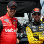 NASCAR Cup Series driver Joey Logano (left) and driver Ryan Blaney chat during practice and qualifying for the HighPoint.com 400 at Pocono Raceway.