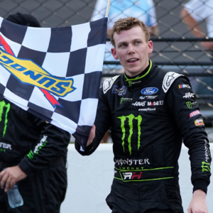 NASCAR Xfinity Series driver Riley Herbst (98) celebrates winning the Pennzoil 250, Saturday, July 20, 2024, at Indianapolis Motor Speedway.